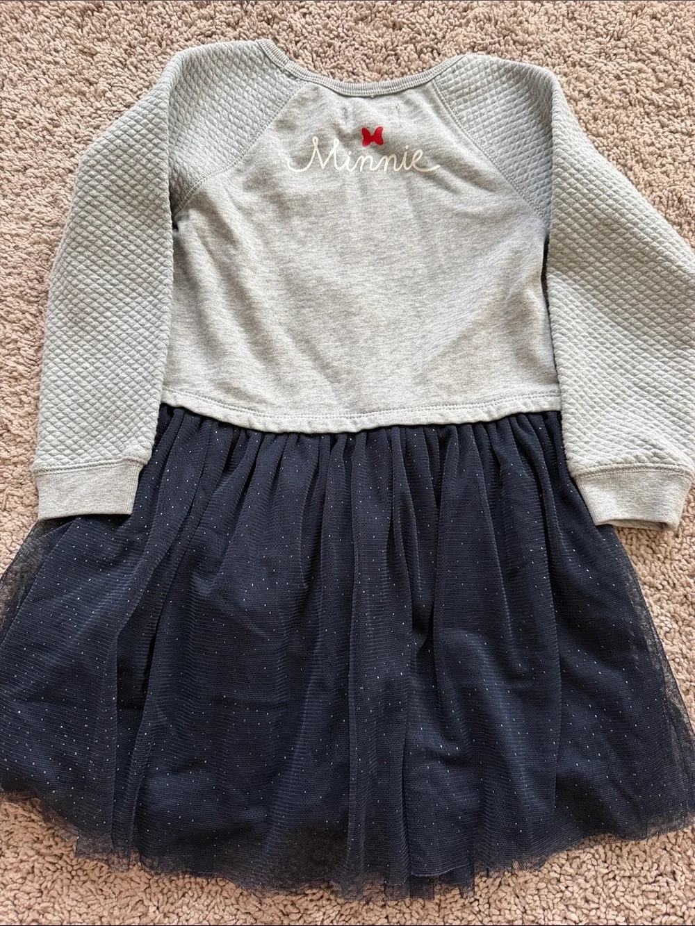 GAP Gray Sweatshirt Dress with Red Polka Dot Bow and Navy Sparkle Tulle Skirt